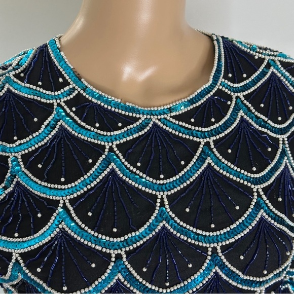 Laurence Kazar vintage sequin beaded black and blue top medium - Picture 6 of 7